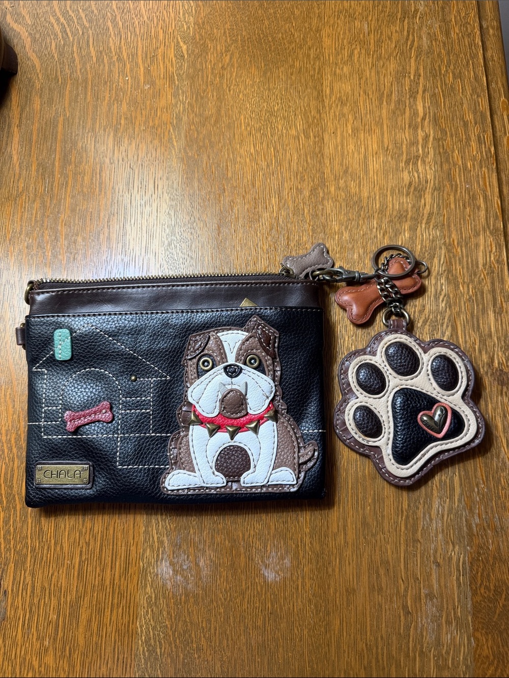 Chala Black & Brown Bulldog Wristlet with Paw Charm